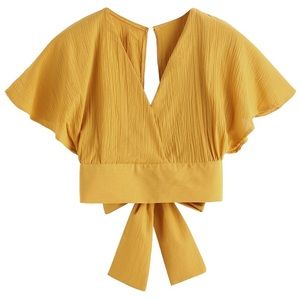 Yellow Short Sleeve Flutter Sleeve Cropped Blouse